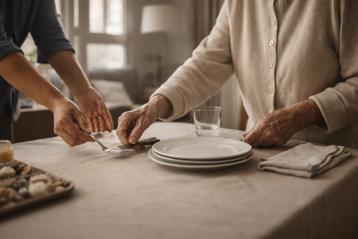 Persona preparando la mesa con apoyo en una actividad cotidiana