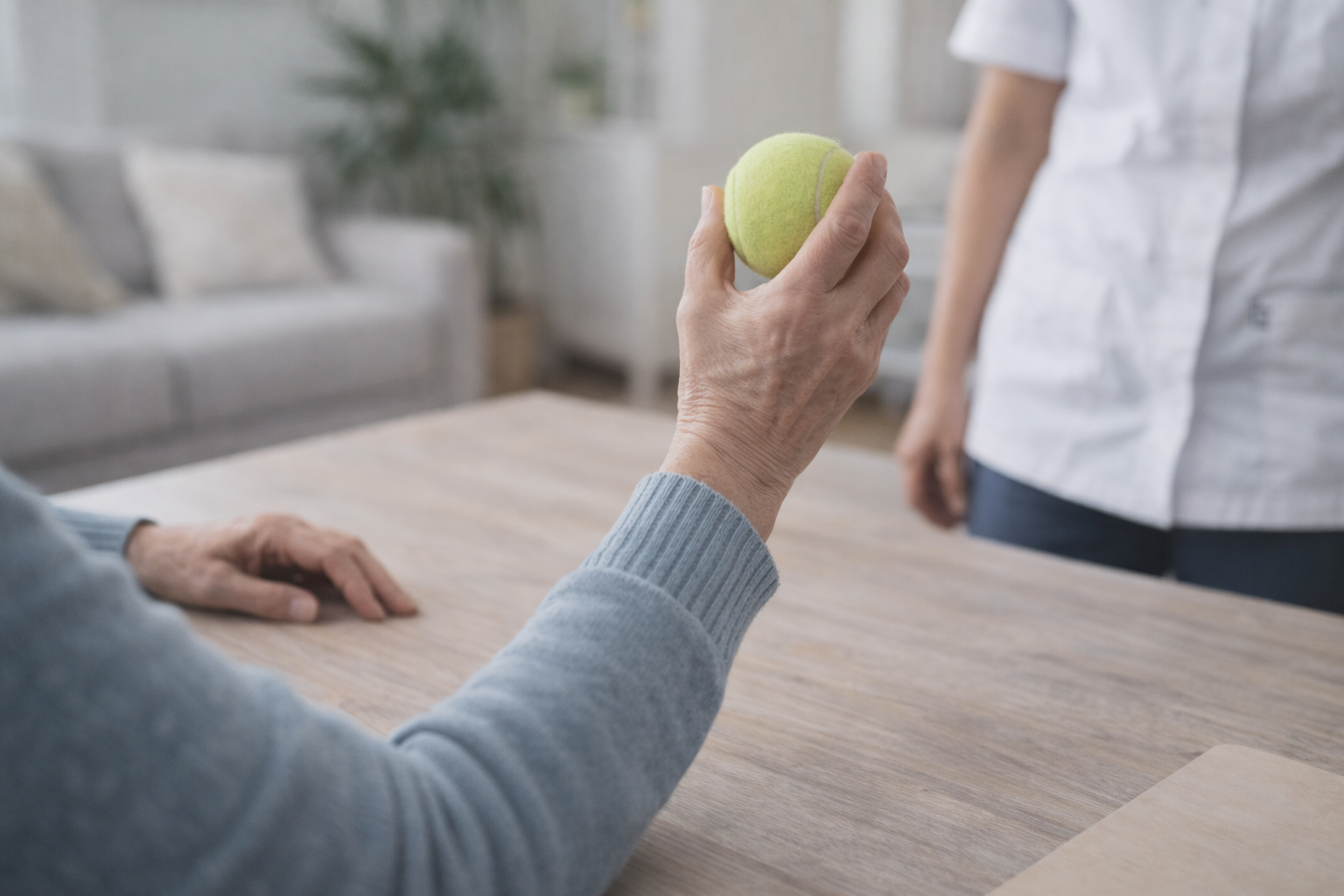 Ejercicio de agarre con pelota de tenis en una sesión de neurorehabilitación a domicilio en Pamplona