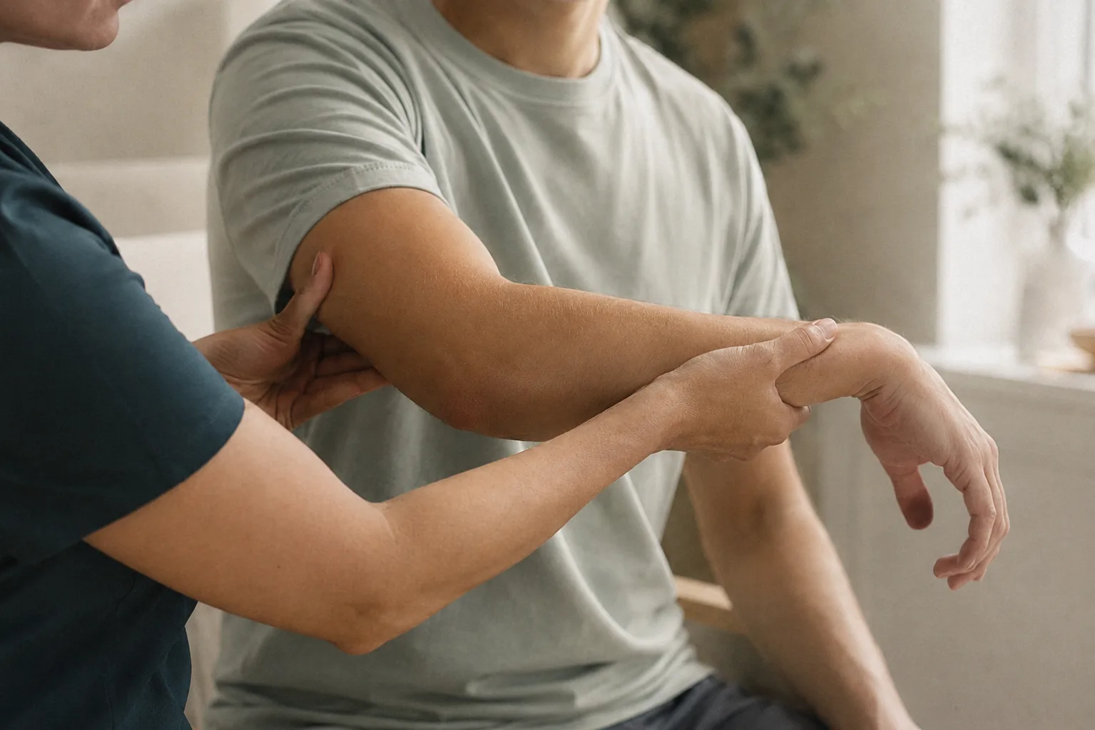 Terapeuta ocupacional trabajando el brazo y la mano en una sesión de neurorrehabilitación a domicilio en Pamplona